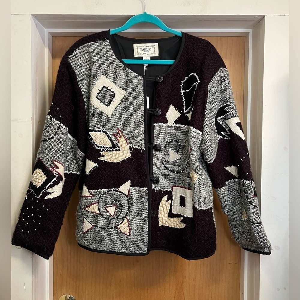 Tantrums Women’s Maroon Black and Grey Cardigan - Patchwork Design. Size: Large